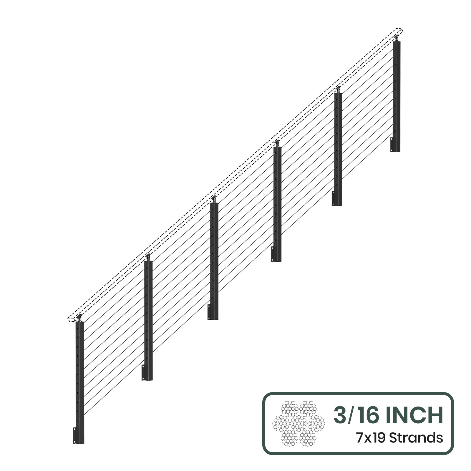 BLIKA 36'' & 42'' Black Side Mount Stair Cable Railing System DIY Kit (4FT - 20FT,  No Handrail) - 3/16