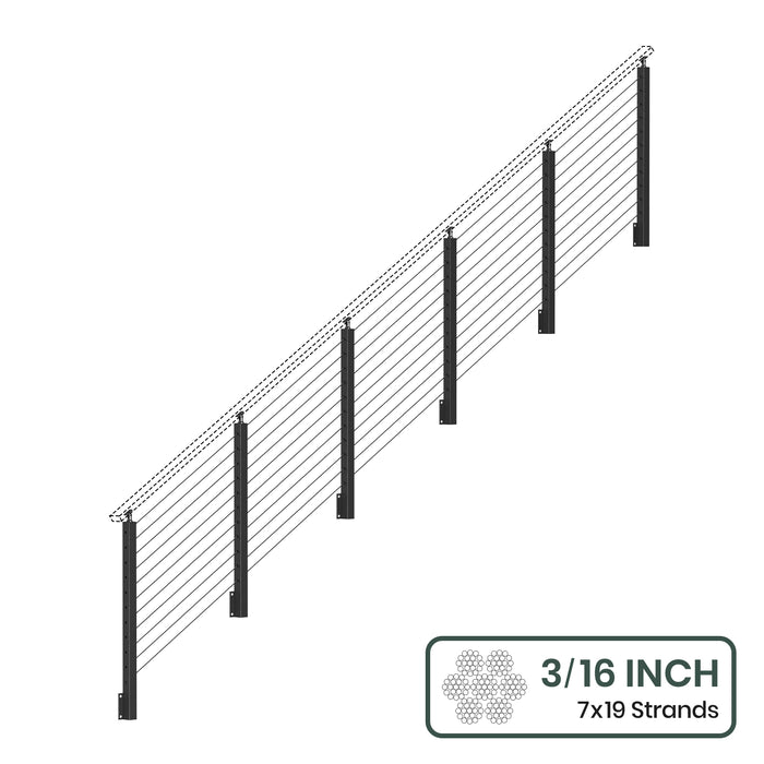 BLIKA 36'' & 42'' Black Side Mount Stair Cable Railing System DIY Kit (4FT - 20FT,  No Handrail) - 3/16" Cable & Hardware