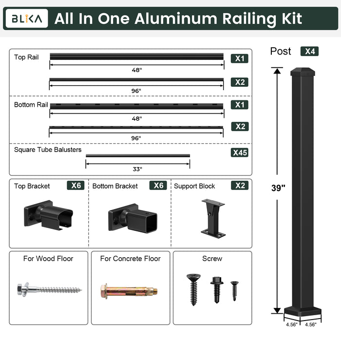 BLIKA 36" Stair Aluminum Railing & 39" Post System DIY Kit（4FT-20FT）