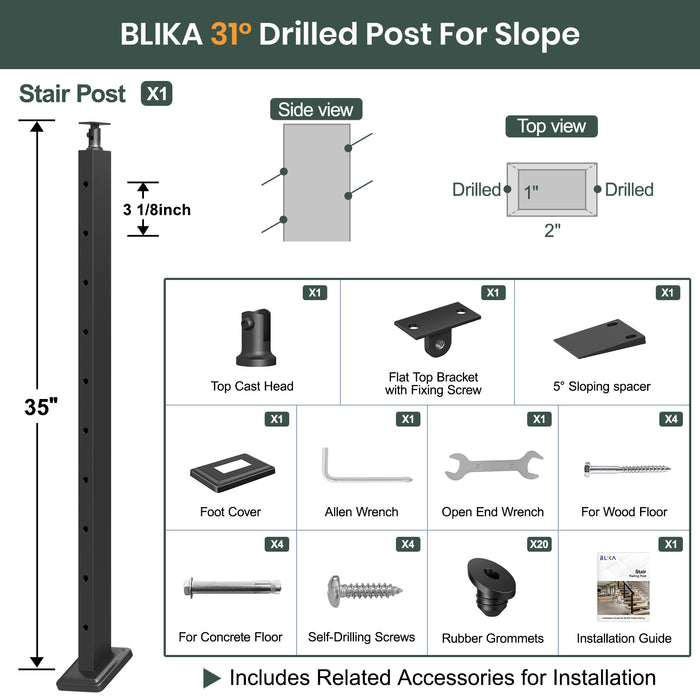 BLIKA 36" Slope Stair Drilled Cable Railing Black  Post 25°-35° Adjustable