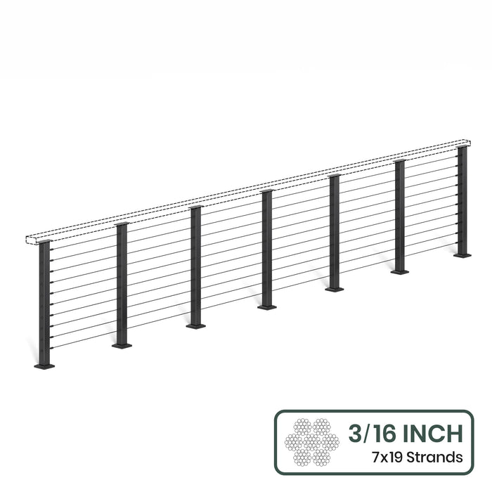 BLIKA 36'' & 42''  Black Surface Mount Cable Railing System DIY Kit (4FT - 28FT, Level Drilled, No Handrail) - 3/16" Cable & Hardware