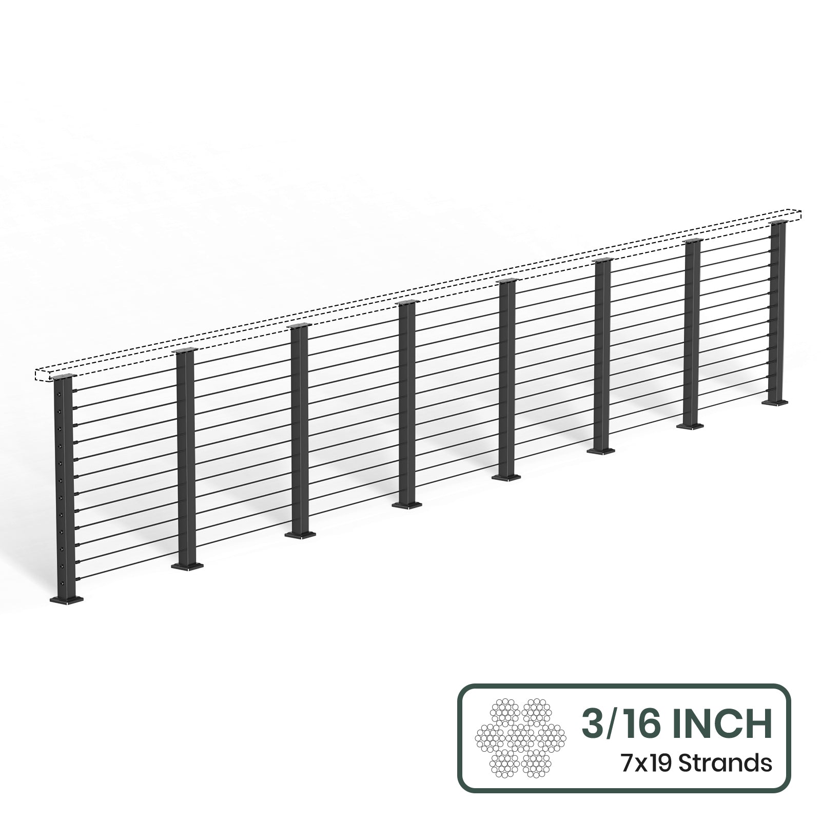 BLIKA 36'' & 42''  Black Surface Mount Cable Railing System DIY Kit (4FT - 28FT, Level Drilled, No Handrail) - 3/16
