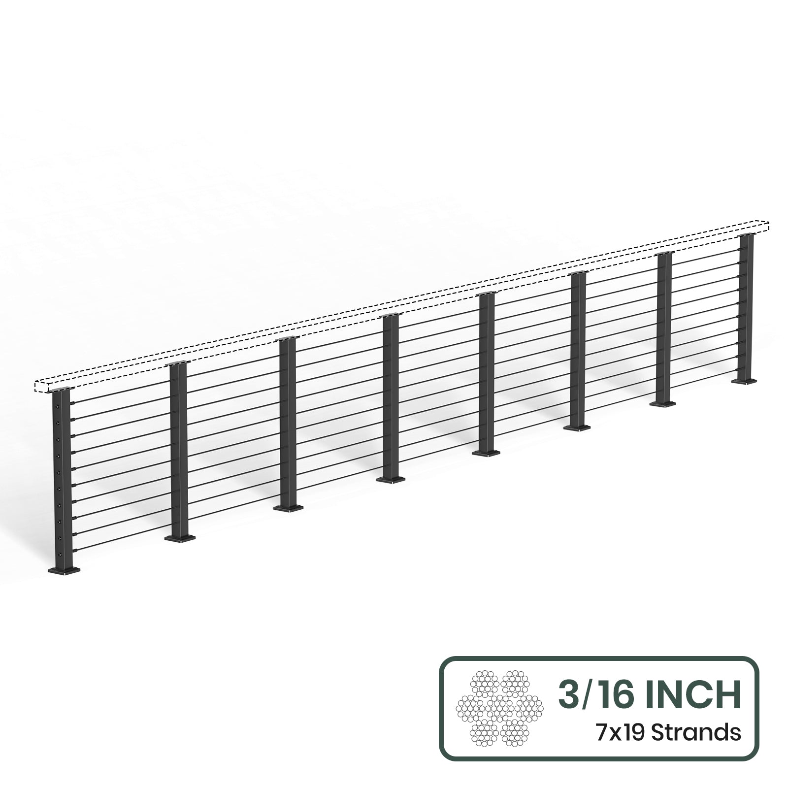 BLIKA 36'' & 42''  Black Surface Mount Cable Railing System DIY Kit (4FT - 28FT, Level Drilled, No Handrail) - 3/16