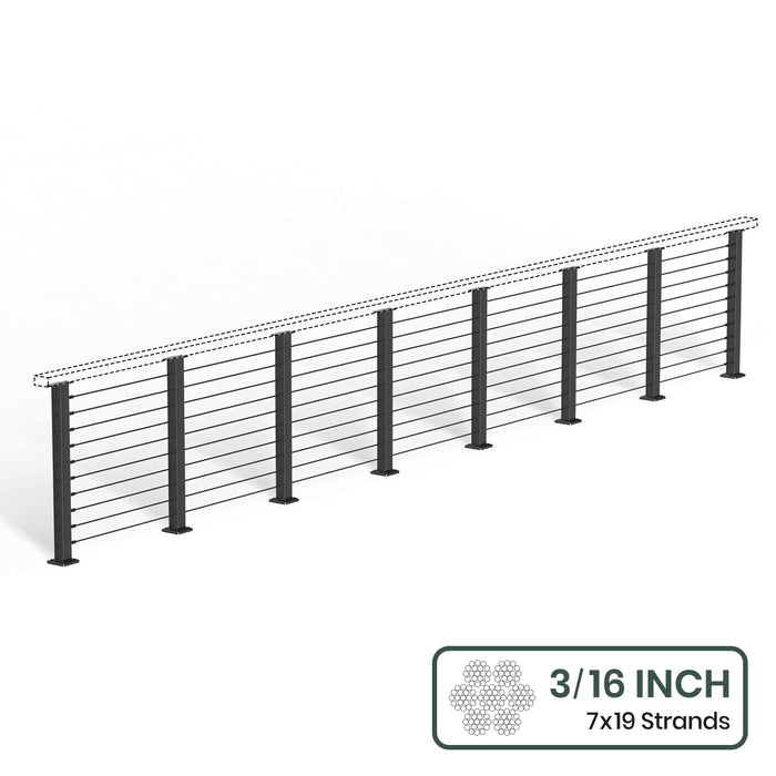 BLIKA 36'' & 42''  Black Surface Mount Cable Railing System DIY Kit (4FT - 28FT, Level Drilled, No Handrail) - 3/16" Cable & Hardware