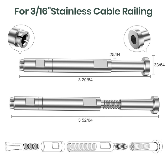 BLIKA Patented 1/8" & 3/16" Swageless Cable Fittings T316 For Metal&Wood Post