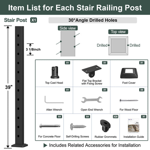 BLIKA 42 inch Black Cable Railing Post for Stairs, T304 Stainless Steel Surface Mount Post with Pre-drilled Angled Holes and Adjustable Top Bracket.