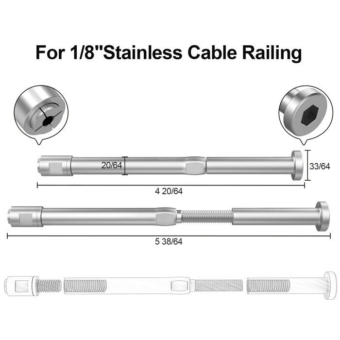 BLIKA Upgraded Swageless Cable Fittings for 1/8" Cable Railing - Extended Version