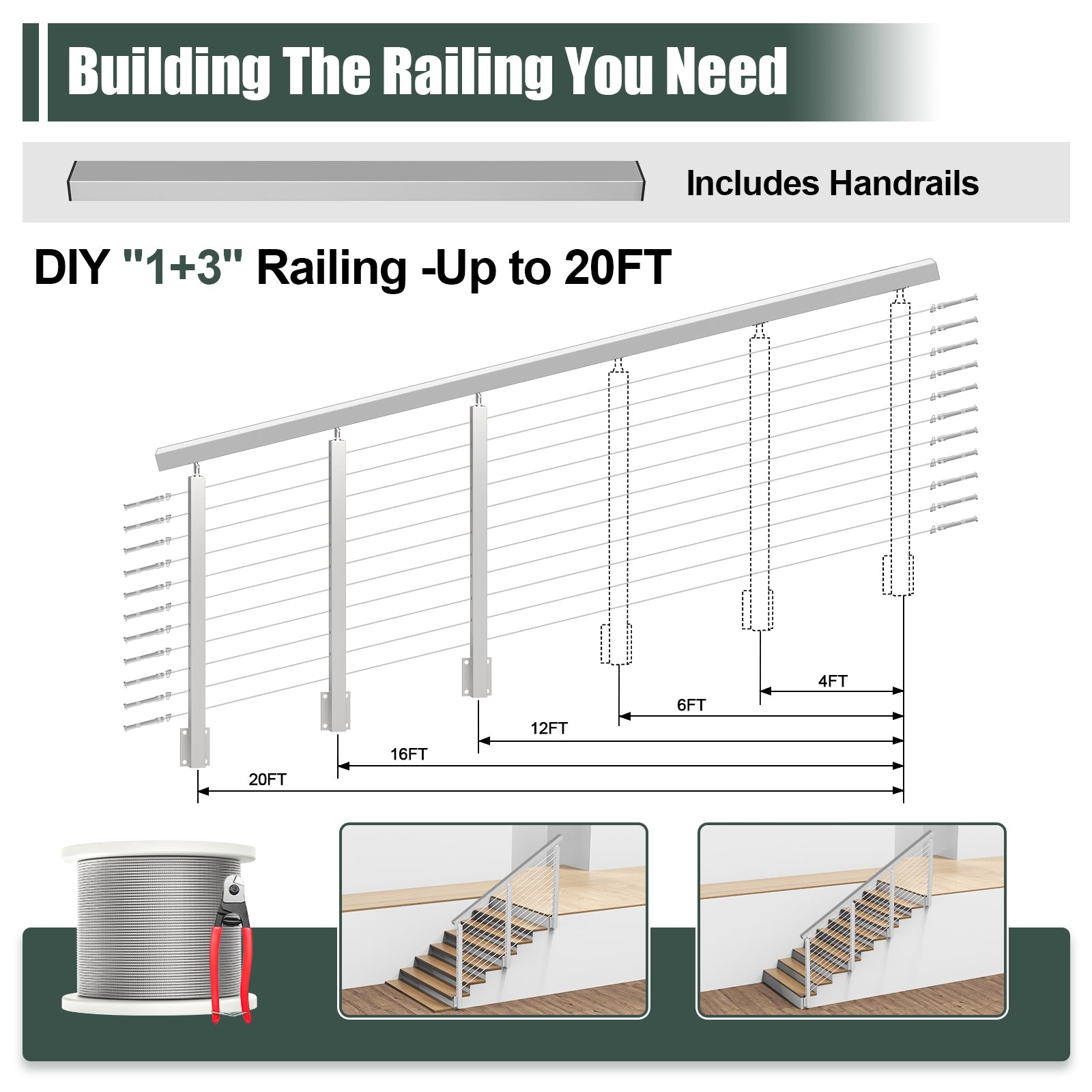 BLIKA 36'' & 42''  Brushed Stainless Steel Side Mount  Stair Cable Railing System DIY Kit (4FT - 20FT, Angled Drilled)