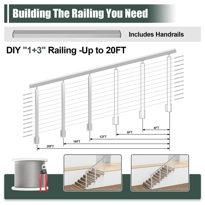 BLIKA 36'' & 42''  Brushed Stainless Steel Side Mount  Stair Cable Railing System DIY Kit (4FT - 20FT, Angled Drilled)