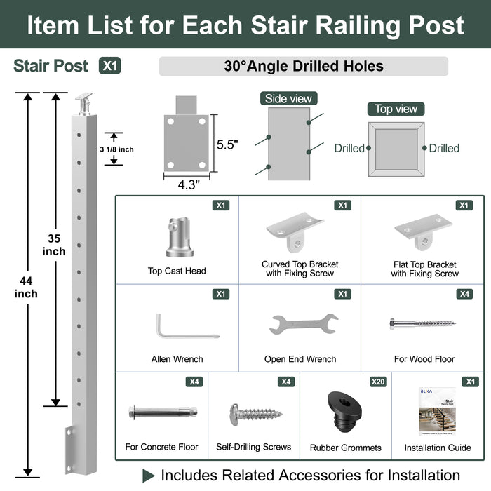 BLIKA 36" brushed stainless steel Angle Drilled Side Mount Post