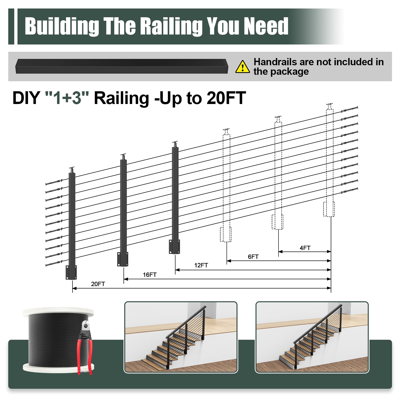 BLIKA 42'' Black Side Mount Cable Railing System DIY Kit (4FT - 20FT,  No Handrail)