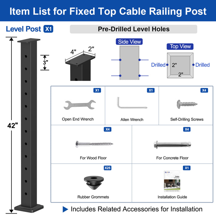 BLIKA 42" Level Drilled Cable Railing Post