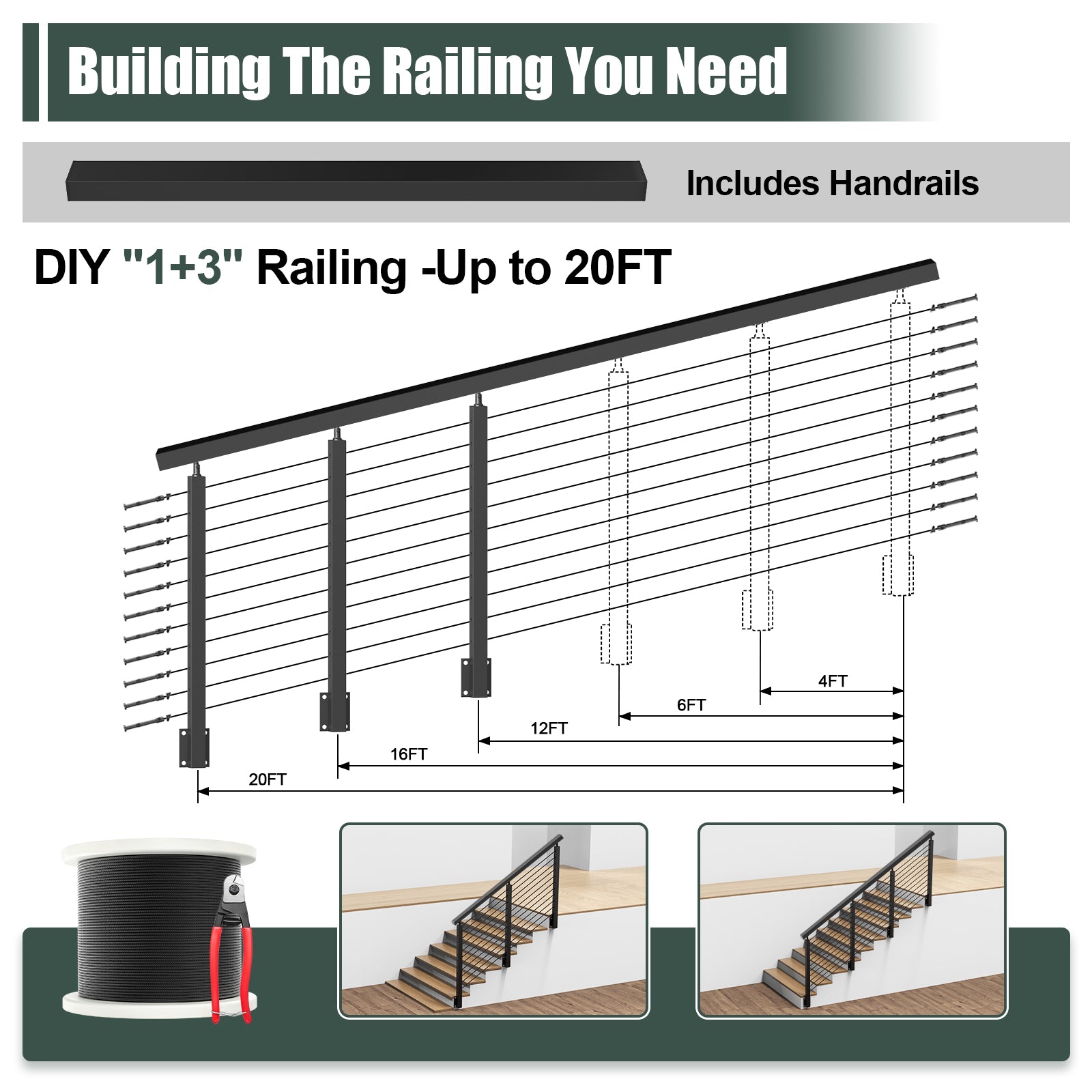 BLIKA 42'' Black Side Mount Stair Cable Railing System DIY Kit (4FT - 20FT, Angle Drilled)