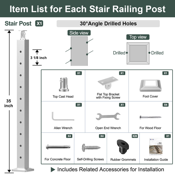 BLIKA 36" Brushed Stainless Steel Pre-Drilled Angled Cable Railing Post for Stair Runs