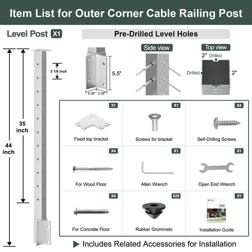 BLIKA 44" Overall Height Side Mount Outer Corner Post Specifications - Includes Mounting Brackets and Hardware for Wood and Concrete Floors-Brushed Stainless