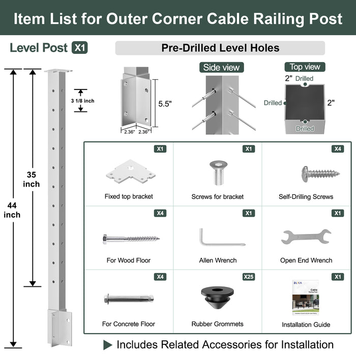 BLIKA 44" Overall Height Side Mount Outer Corner Post Specifications - Includes Mounting Brackets and Hardware for Wood and Concrete Floors-Brushed Stainless