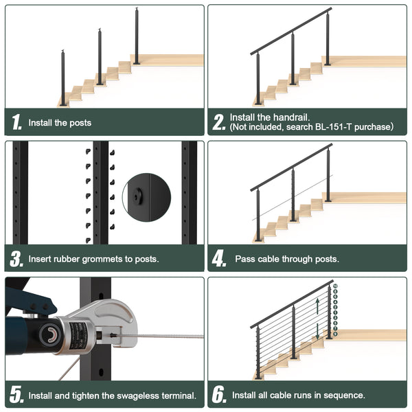BLIKA 36'' Black Surface Mount Stair Cable Railing  DIY Kit with Invisible Crimp Fittings（No Handrail) - 1/8