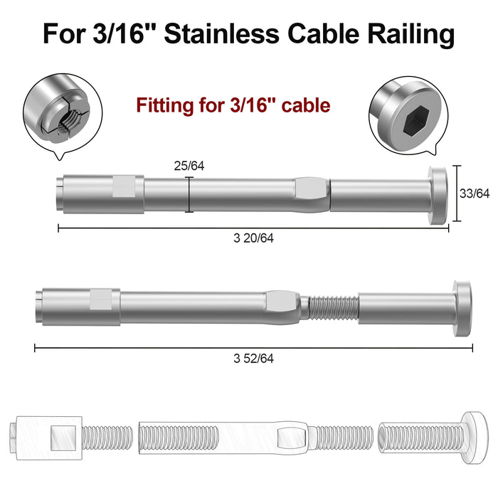 BLIKA Upgraded Swageless Cable Fittings for 3/16" Cable Railing