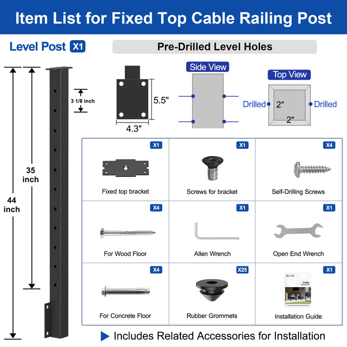 BLIKA 36" Level Drilled Side Mount Post for Cable Railing