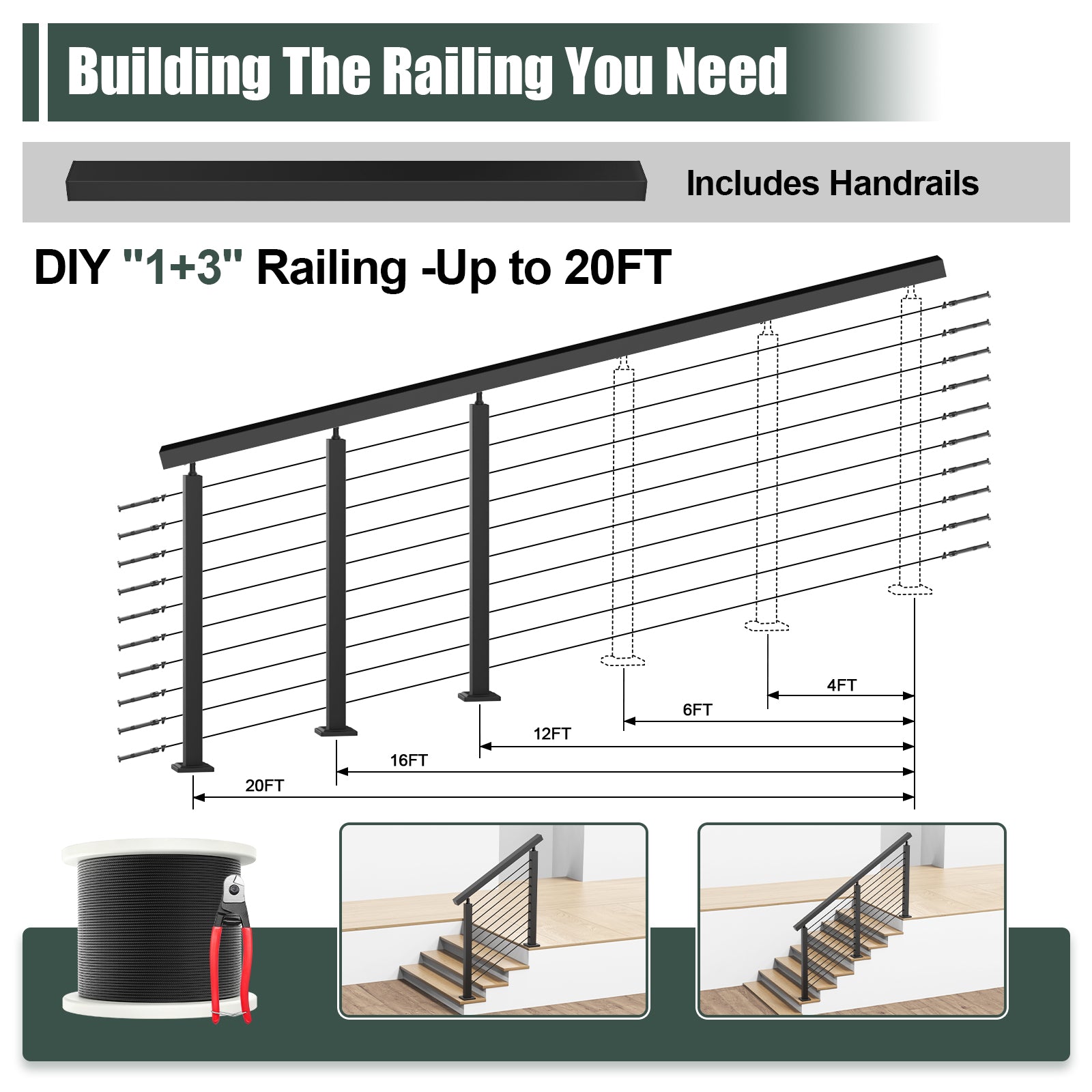 BLIKA 36'' & 42'' Black Surface Mount Stair Cable Railing System DIY Kit (4FT - 20FT, Angled Drilled)