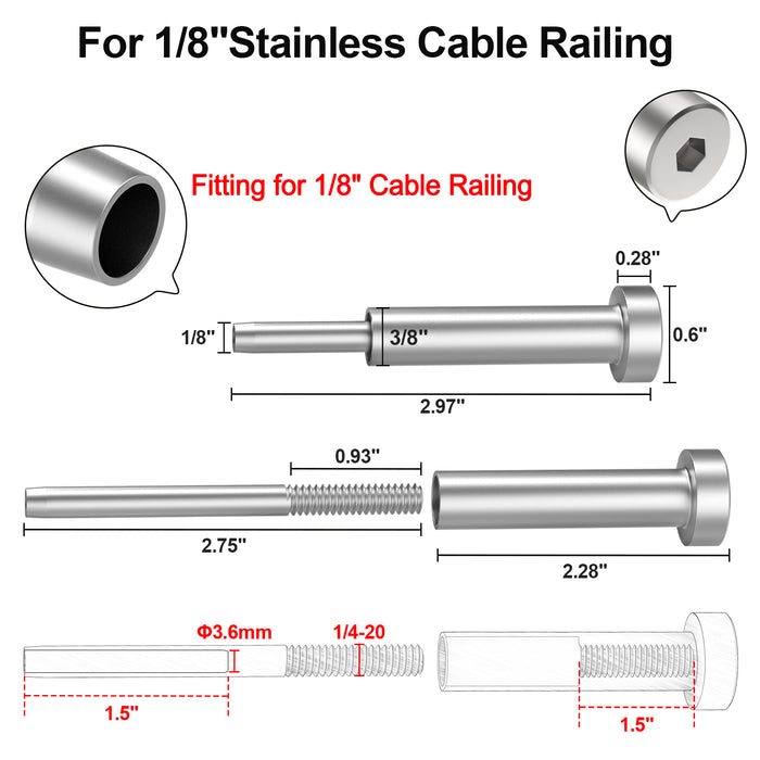 BLIKA 1/8" & 3/16" Stainless Steel Invisible Receiver and Swage Stud End for 2"x2"Posts, Invisible Cable Railing Kit