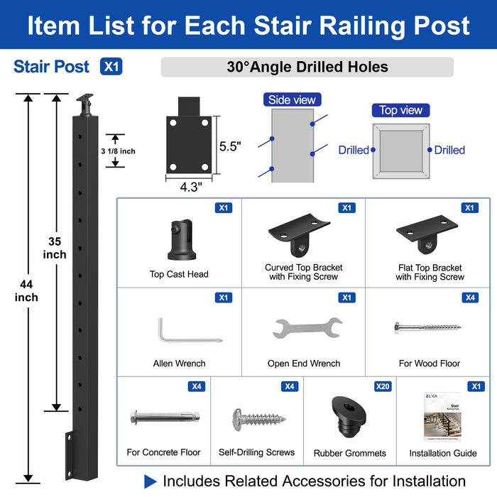 BLIKA 36" Angle Drilled Side Mount Post for Cable Railing