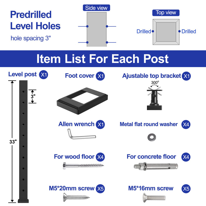 BLIKA 36" Horizontal Drill Flat Top Cable Railing Post