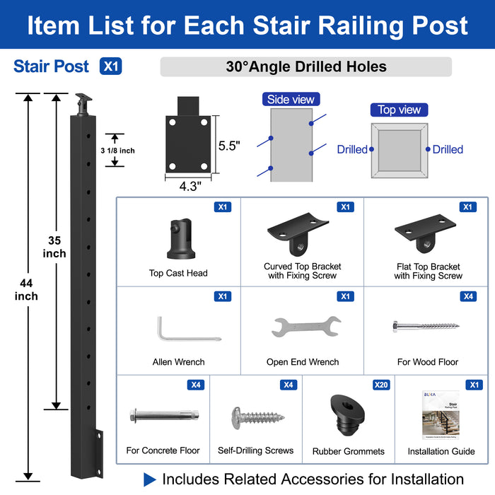 BLIKA 36" Angle Drilled Side Mount Post for Cable Railing