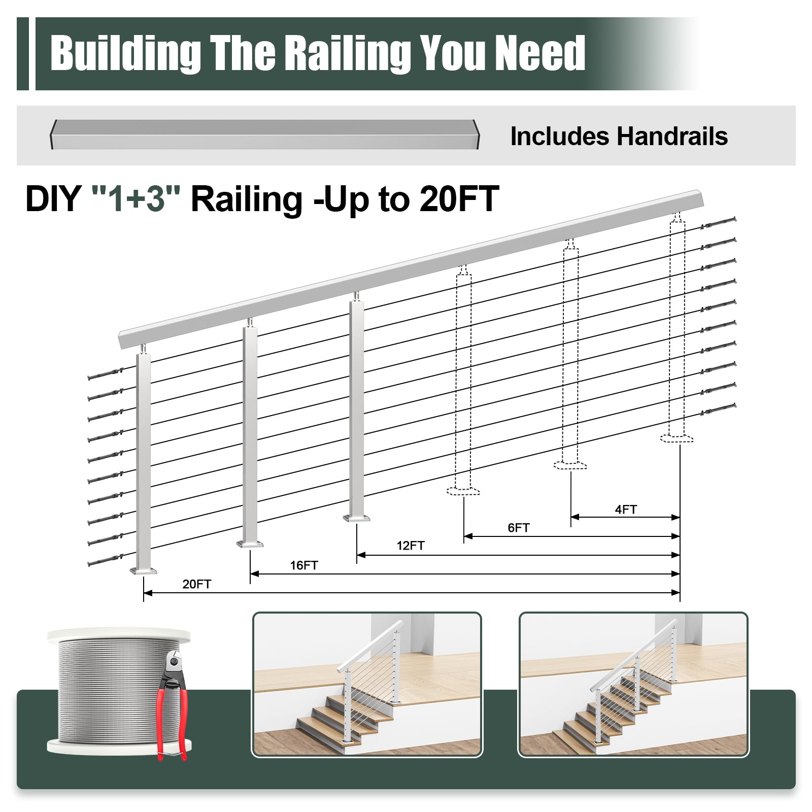 BLIKA 36'' & 42'' Brushed Stainless Steel Surface Mount Stair Cable Railing System DIY Kit (4FT - 20FT, Angled Drilled)