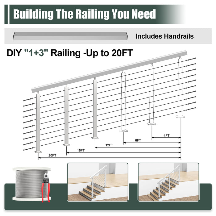 BLIKA 36'' & 42'' Brushed Stainless Steel Surface Mount Stair Cable Railing System DIY Kit (4FT - 20FT, Angled Drilled)
