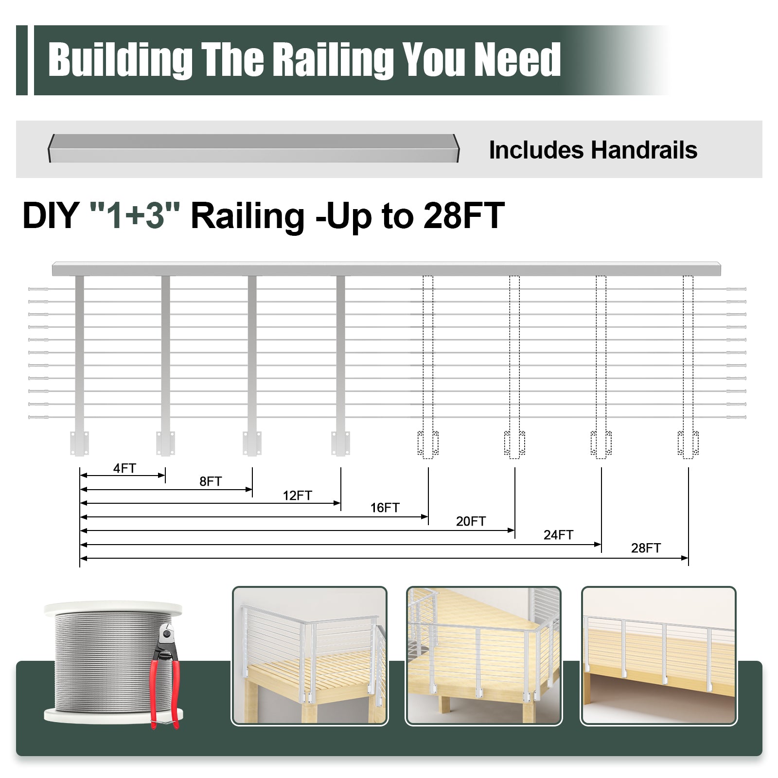 BLIKA 36'' & 42'' Brushed Stainless Steel Side Mount Cable Railing System DIY Kit (4FT - 28FT, Level Drilled)