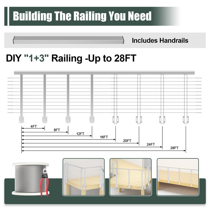 BLIKA 36'' & 42'' Brushed Stainless Steel Side Mount Cable Railing System DIY Kit (4FT - 28FT, Level Drilled)