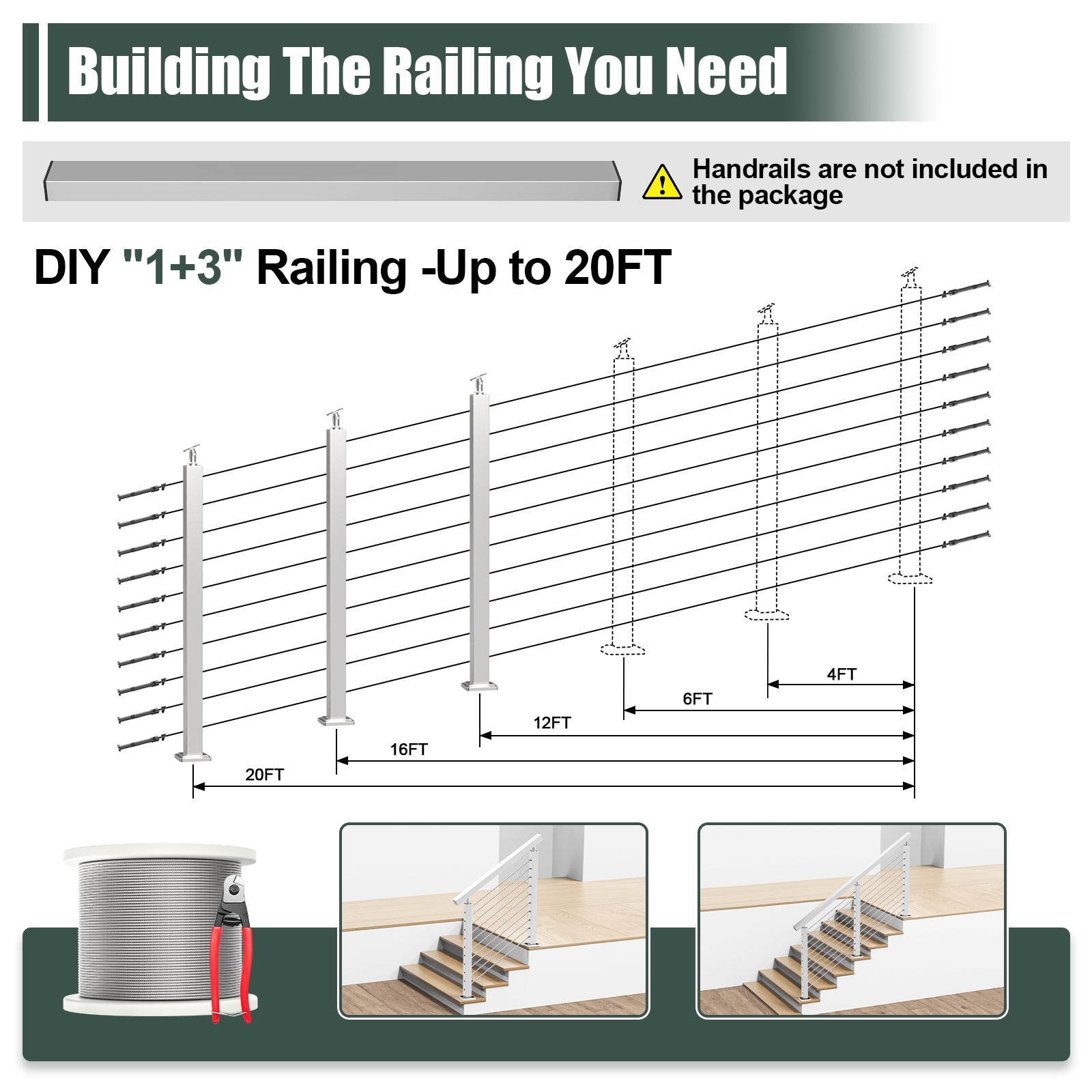 BLIKA 36'' & 42''  Brushed Stainless Steel Surface Mount Stair Cable Railing System DIY Kit (4FT - 20FT, Angled Drilled, No Handrail)