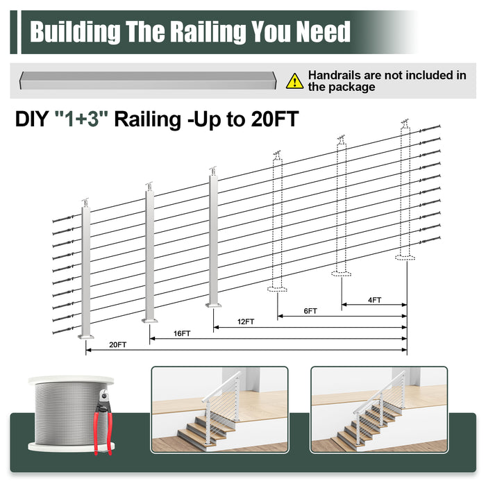 BLIKA 36'' & 42''  Brushed Stainless Steel Surface Mount Stair Cable Railing System DIY Kit (4FT - 20FT, Angled Drilled, No Handrail)