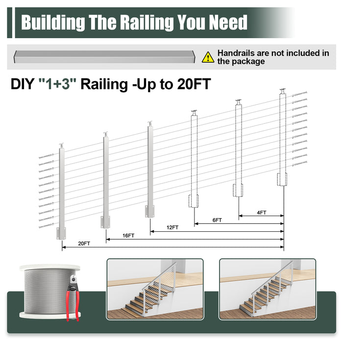 BLIKA 36'' & 42'' Brushed Stainless Steel Side Mount Stair Cable Railing System DIY Kit (4FT - 20FT,  No Handrail)