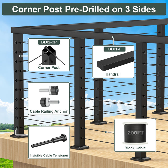 BLIKA 36" Level Drilled Cable Railing Corner Post