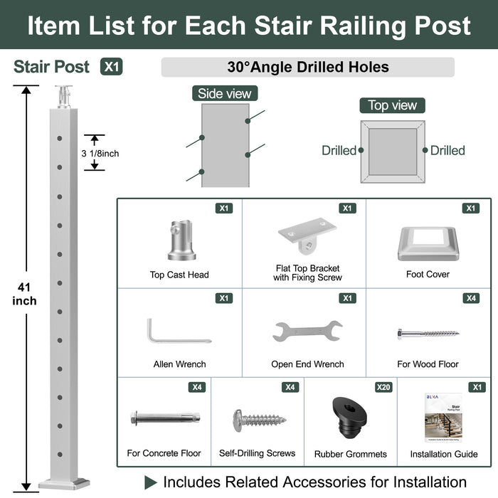 BLIKA 42" Brushed Stainless Steel Pre-Drilled Angled Cable Railing Post for Stair Runs