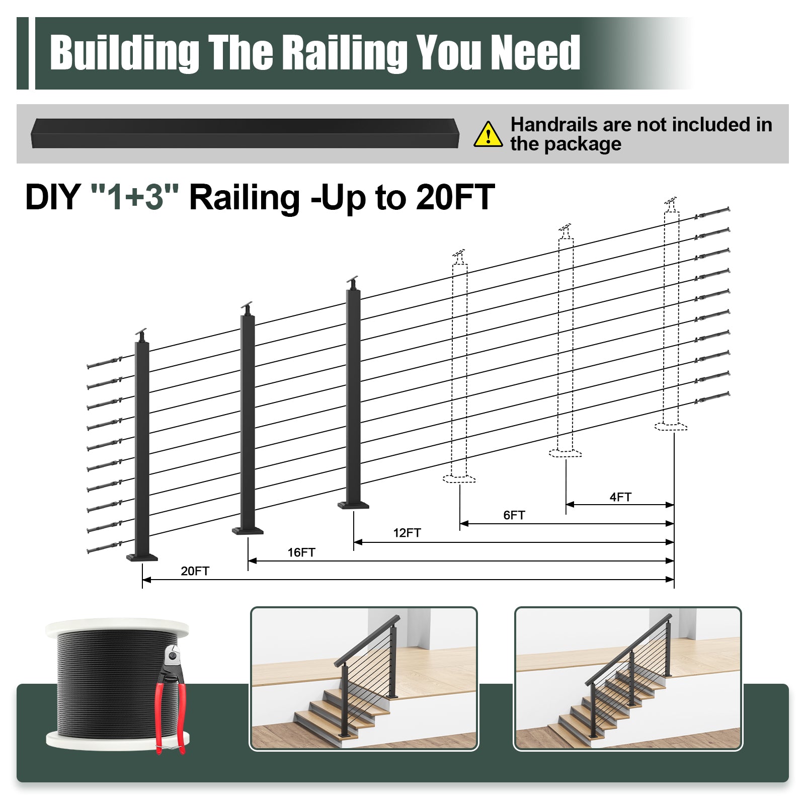 BLIKA 36'' & 42'' Black Surface Mount Stair Cable Railing System DIY Kit (4FT - 20FT, Angled Drilled, No Handrail)
