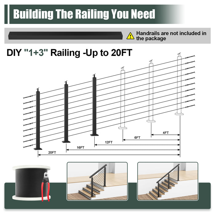 BLIKA 36'' & 42'' Black Surface Mount Stair Cable Railing System DIY Kit (4FT - 20FT, Angled Drilled, No Handrail)