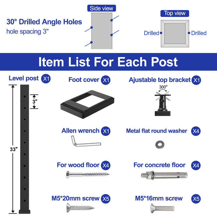 Blika36"x2"x2" Adjustable 25-35 Angle Cable Railing Post