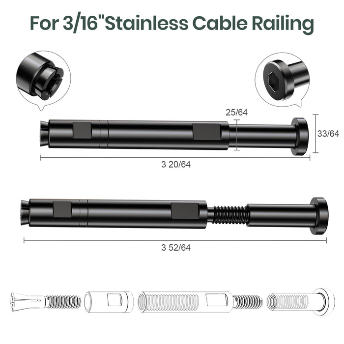 BLIKA Patented 1/8" & 3/16" Black Swageless Cable Fittings T316 For Metal&Wood Post