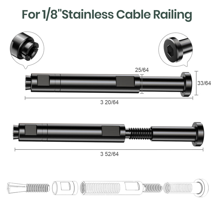 BLIKA Patented 1/8" & 3/16" Black Swageless Cable Fittings T316 For Metal&Wood Post
