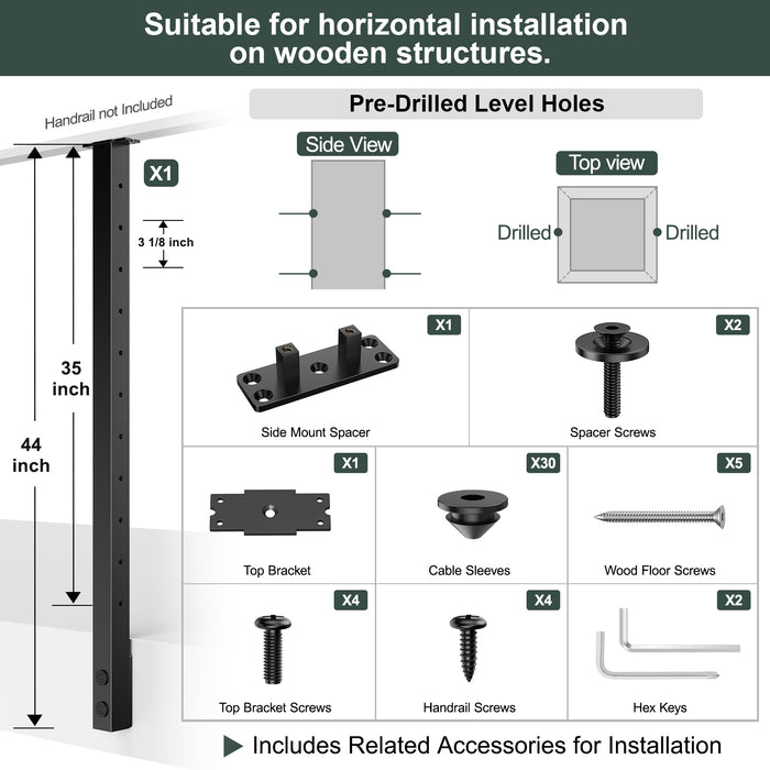 BLIKA 36" Upgraded Level Drilled Side Mount Cable Railing Post