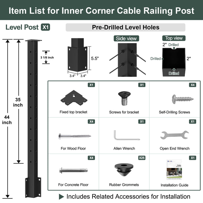 BLIKA 36" Level Drilled Side Mount Inner Corner Post