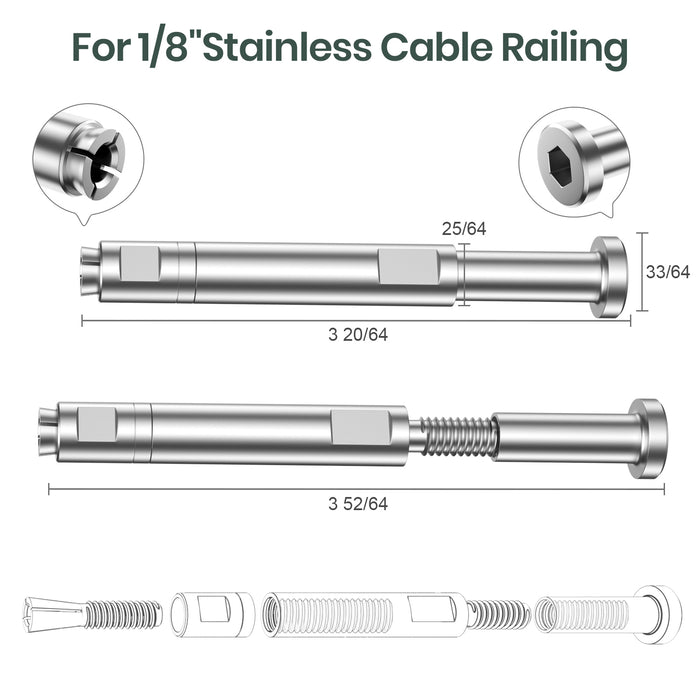 BLIKA Patented 1/8" & 3/16" Swageless Cable Fittings T316 For Metal&Wood Post