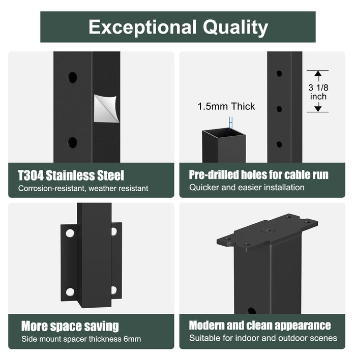 BLIKA 36" Level Drilled Side Mount Post for Cable Railing