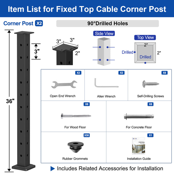 BLIKA 36" Level Drilled Cable Railing Corner Post