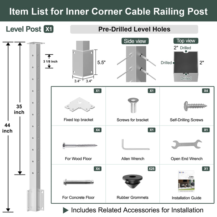 BLIKA 36" Level Drilled Brushed Stainless Side Mount Inner Corner Post