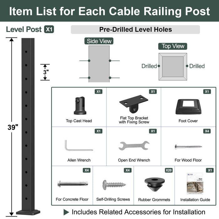 BLIKA 42" Pre-Drilled Level & Corner Cable Railing Post