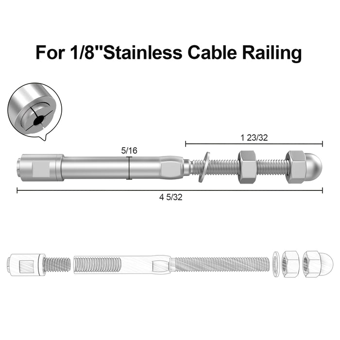 BLIKA Upgraded Swageless Shreaded Stud for 1/8" cable railing